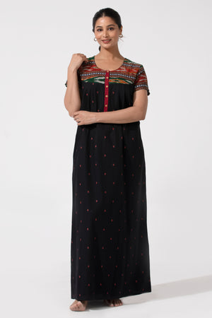 Black Ikat Printed Cotton Nightwear with Button Closure