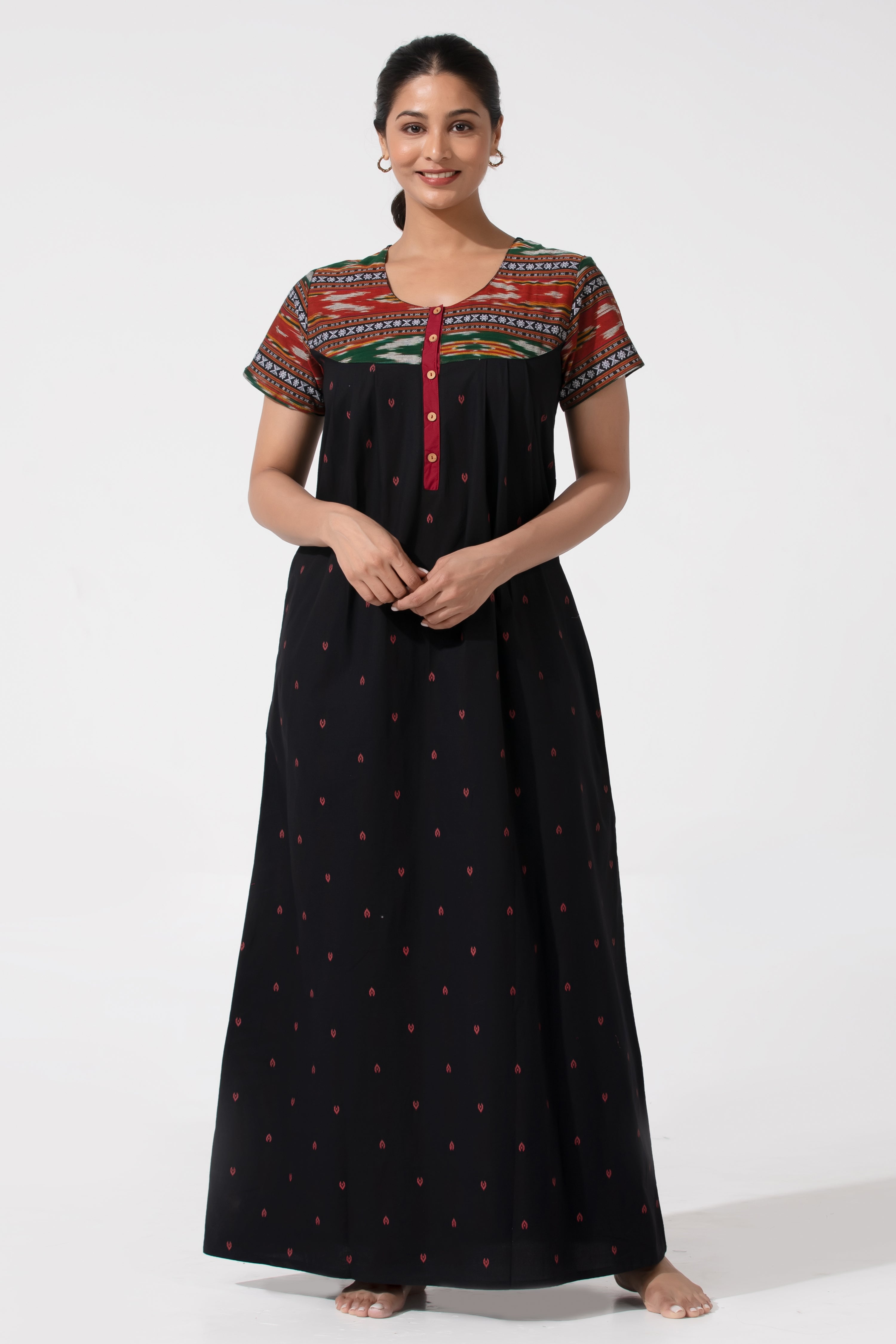 Black Ikat Printed Cotton Nightwear with Button Closure
