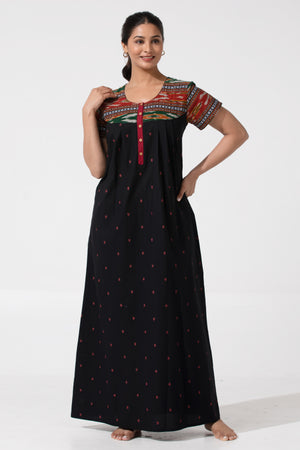 Black Ikat Printed Cotton Nightwear with Button Closure