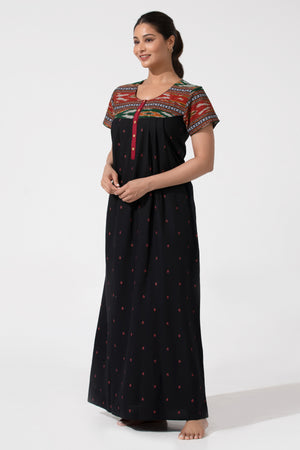 Black Ikat Printed Cotton Nightwear with Button Closure