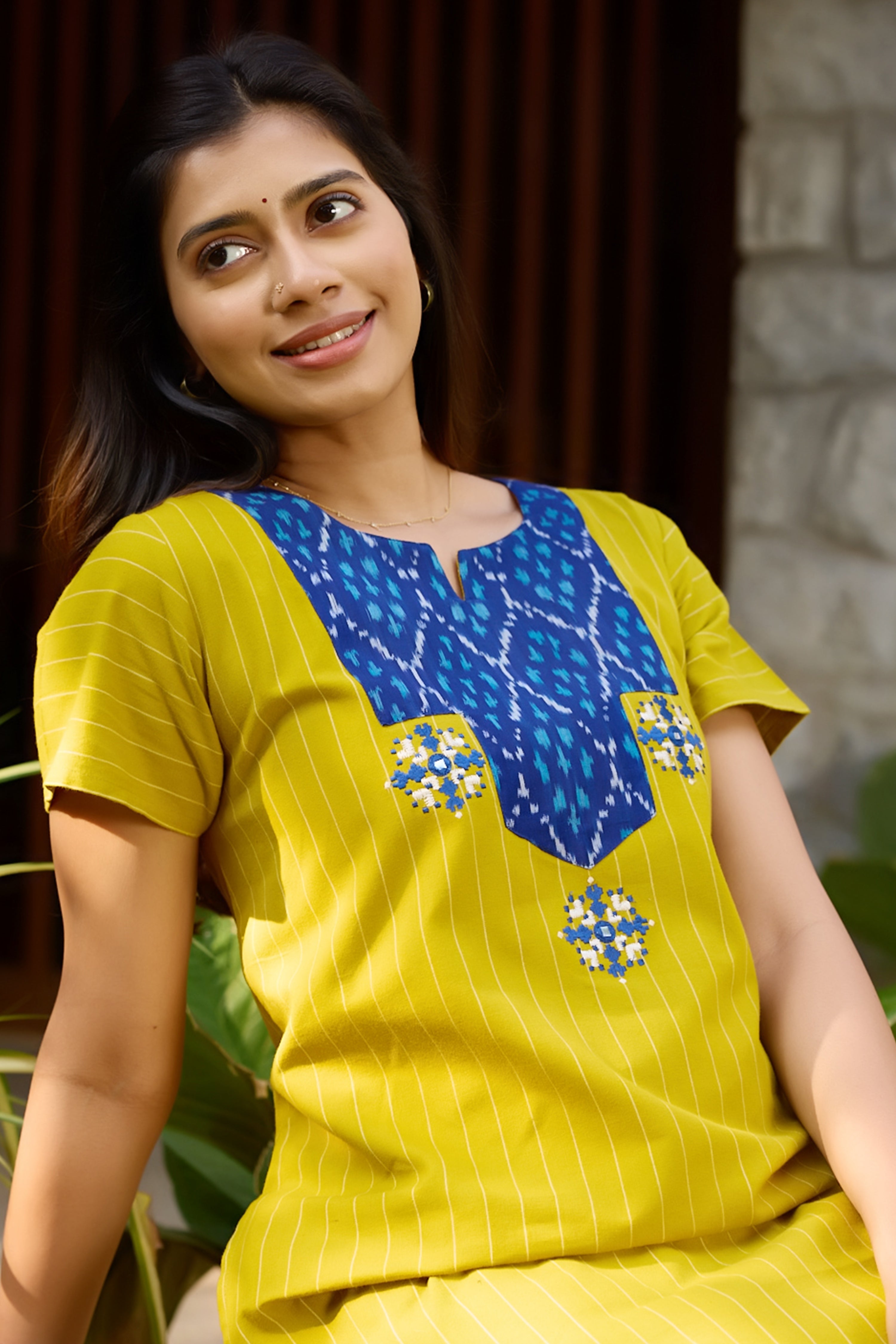 Mustard Yellow with Blue Printed Nighty