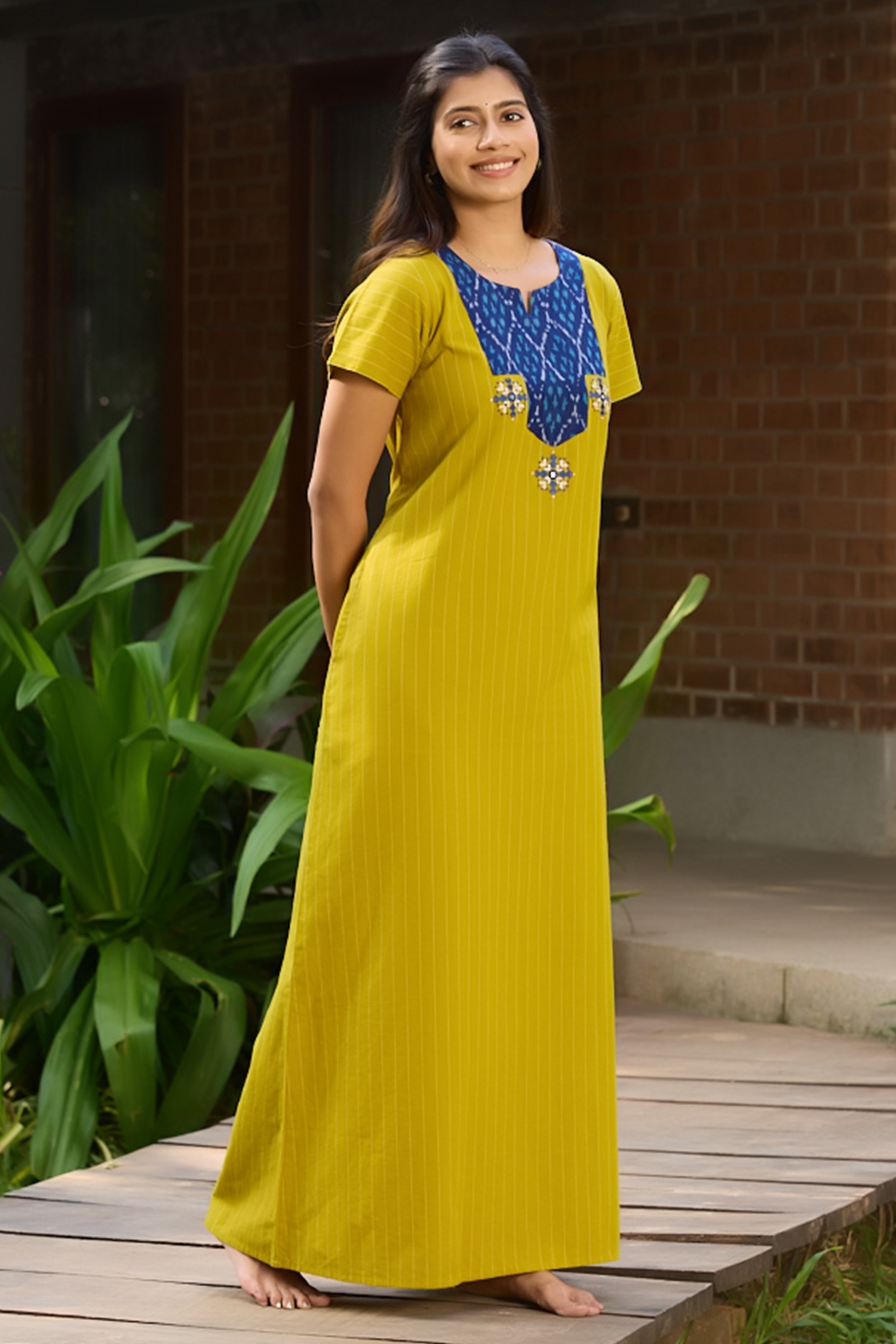 Mustard Yellow with Blue Printed Nighty