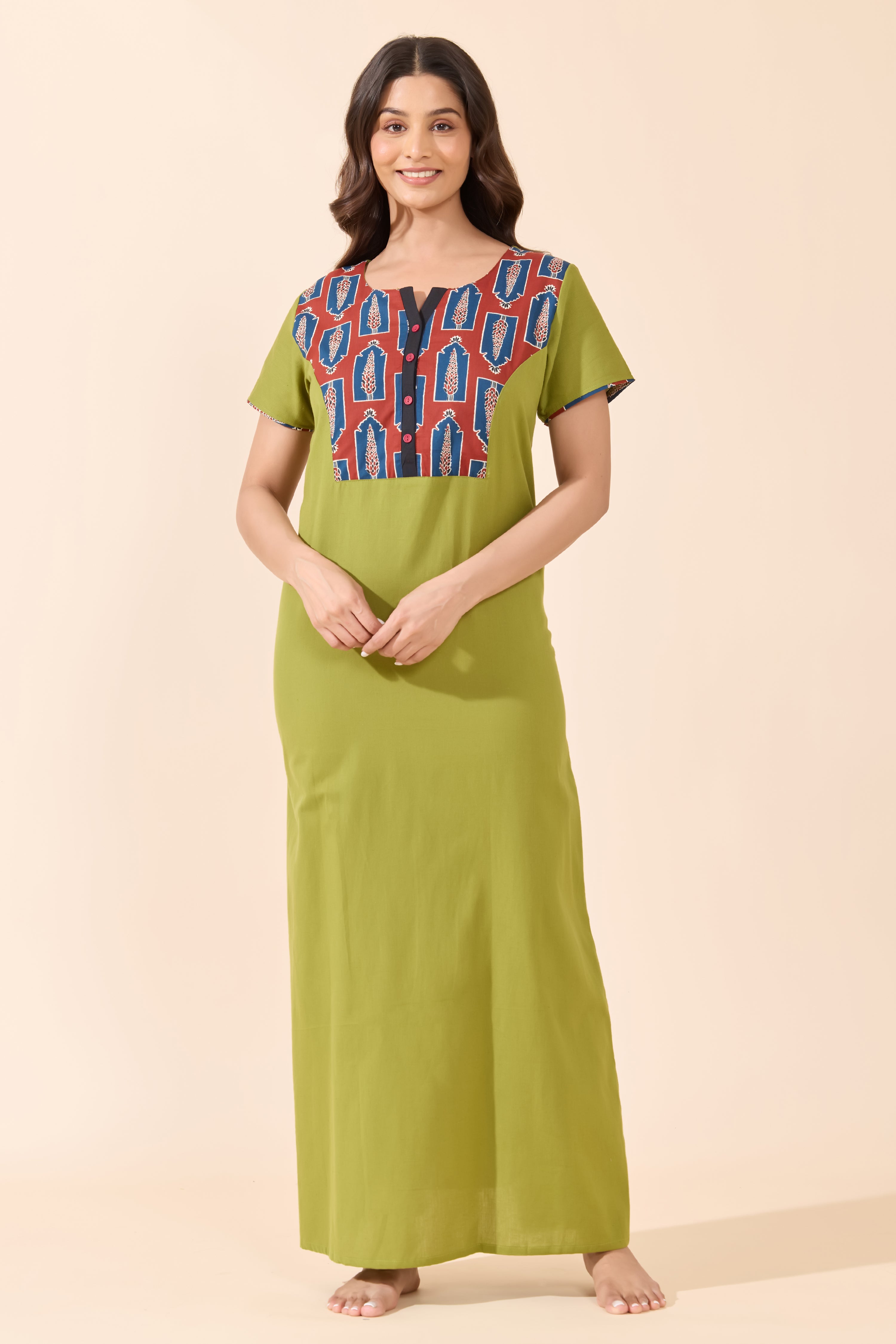 Green Cotton Nightwear with Mughal Print Yoke