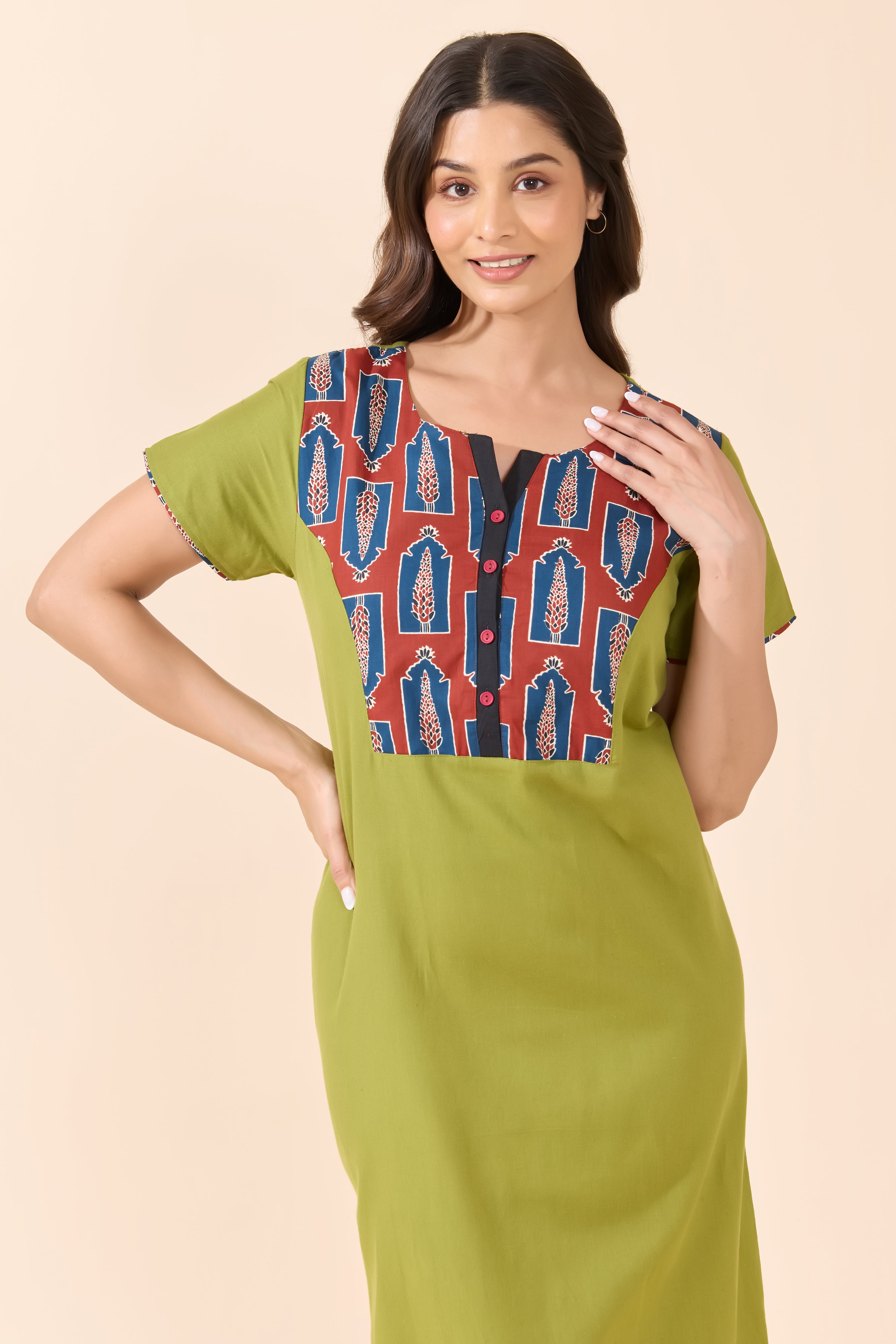 Green Cotton Nightwear with Mughal Print Yoke