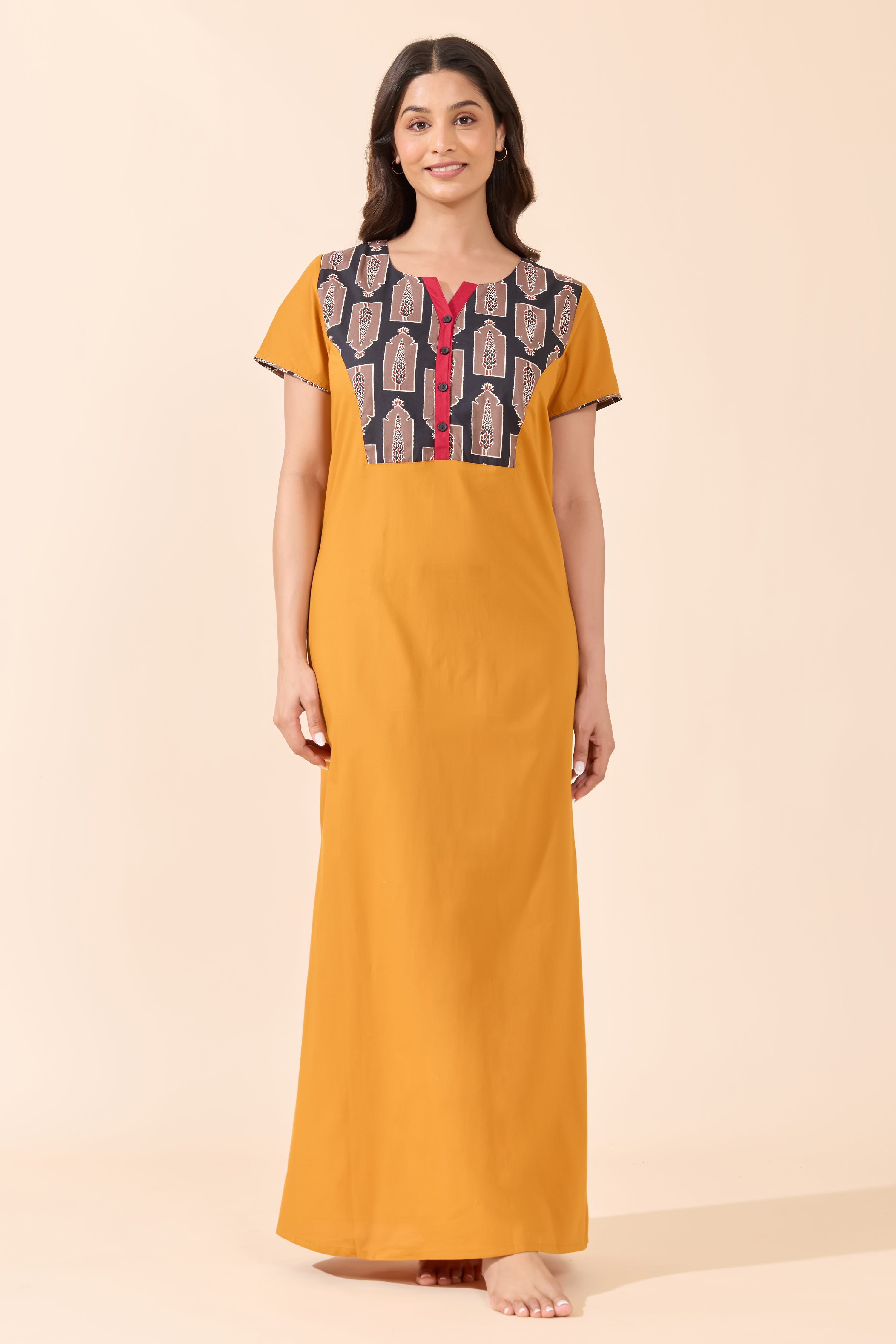 Mustard Cotton Nightwear with Mughal Print Yoke