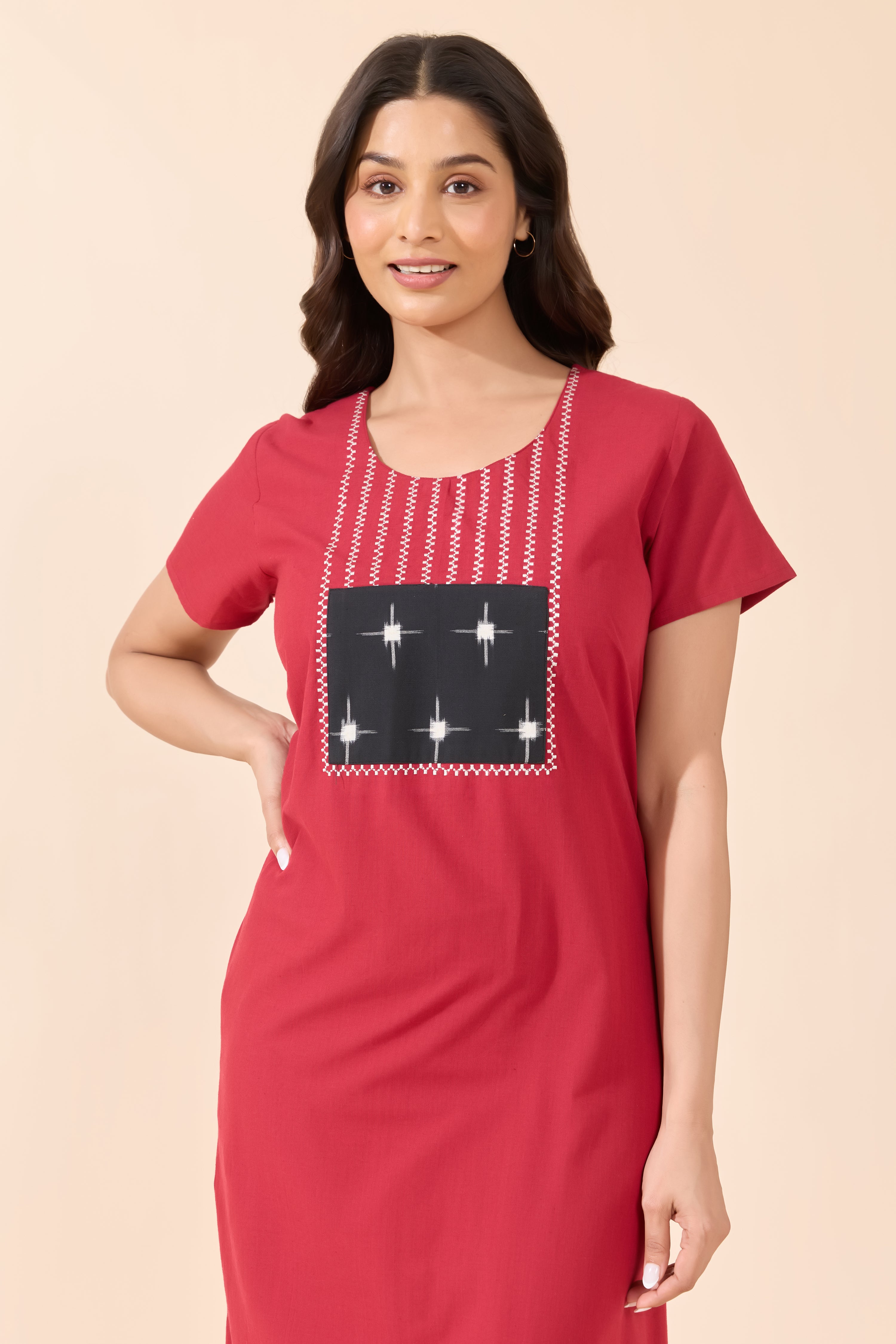 Maroon Cotton Nightwear with Ikkat Embroidered Yoke