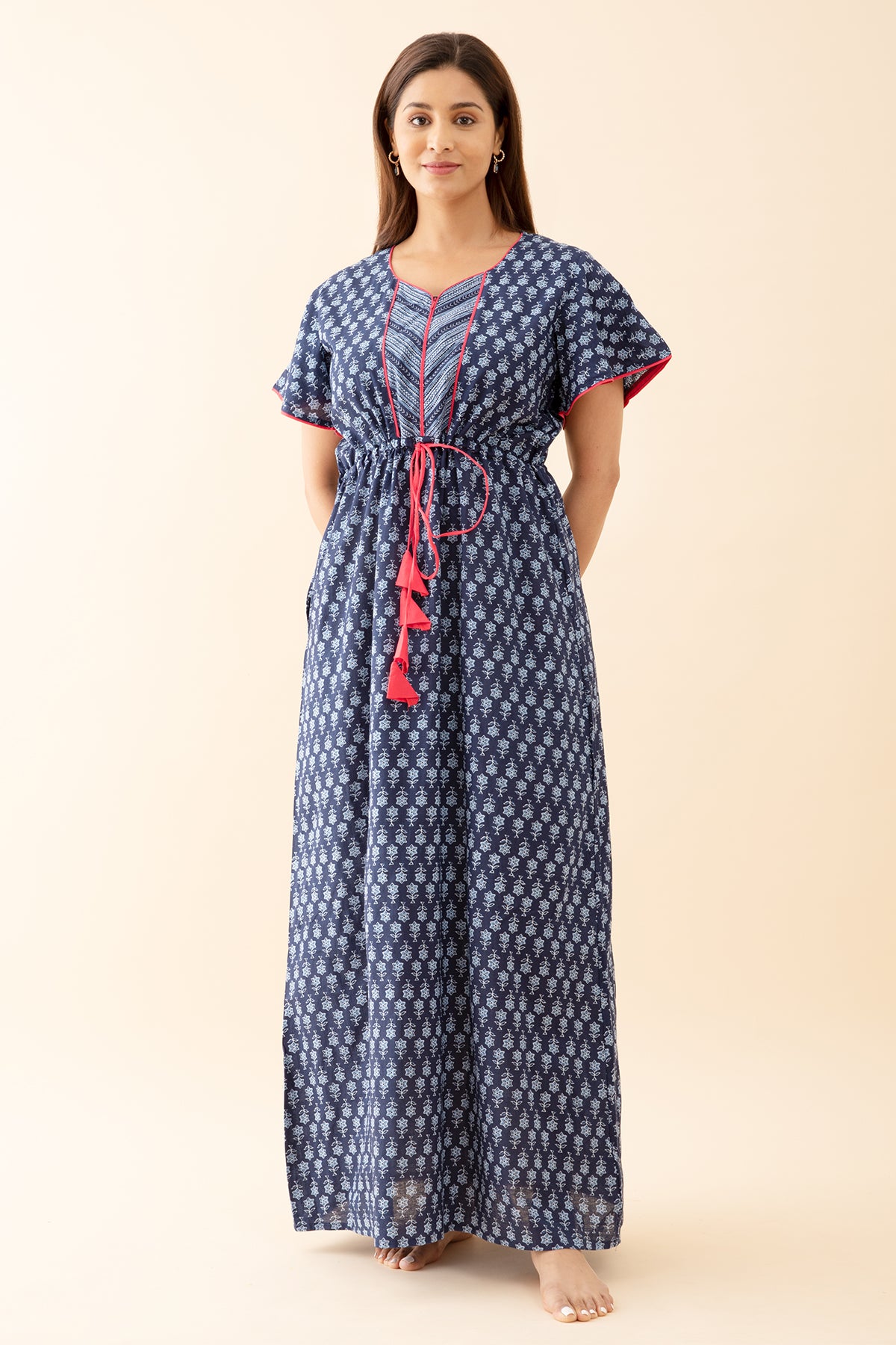Indigo Printed Nighty with Geometric Printed Yoke Blue