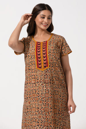 Black & Yellow Kalamkari Nighty with Geometric Yoke Print