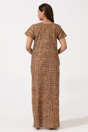 Black & Yellow Kalamkari Nighty with Geometric Yoke Print
