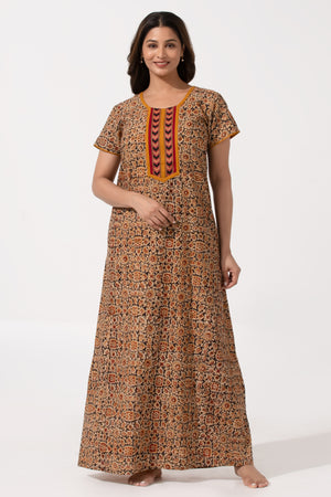 Black & Yellow Kalamkari Nighty with Geometric Yoke Print