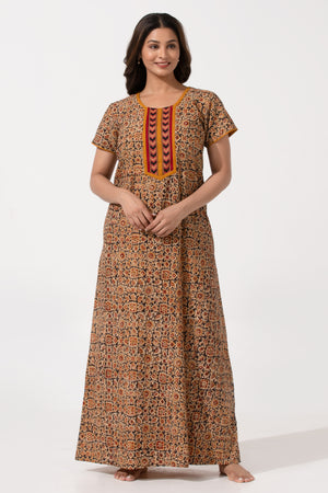 Black & Yellow Kalamkari Nighty with Geometric Yoke Print