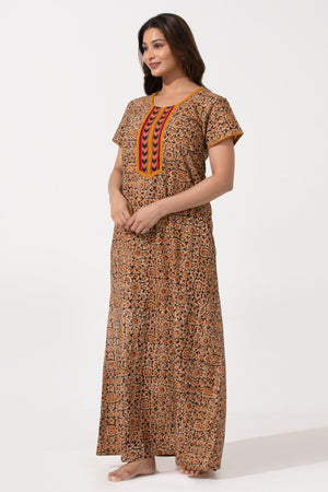 Black & Yellow Kalamkari Nighty with Geometric Yoke Print