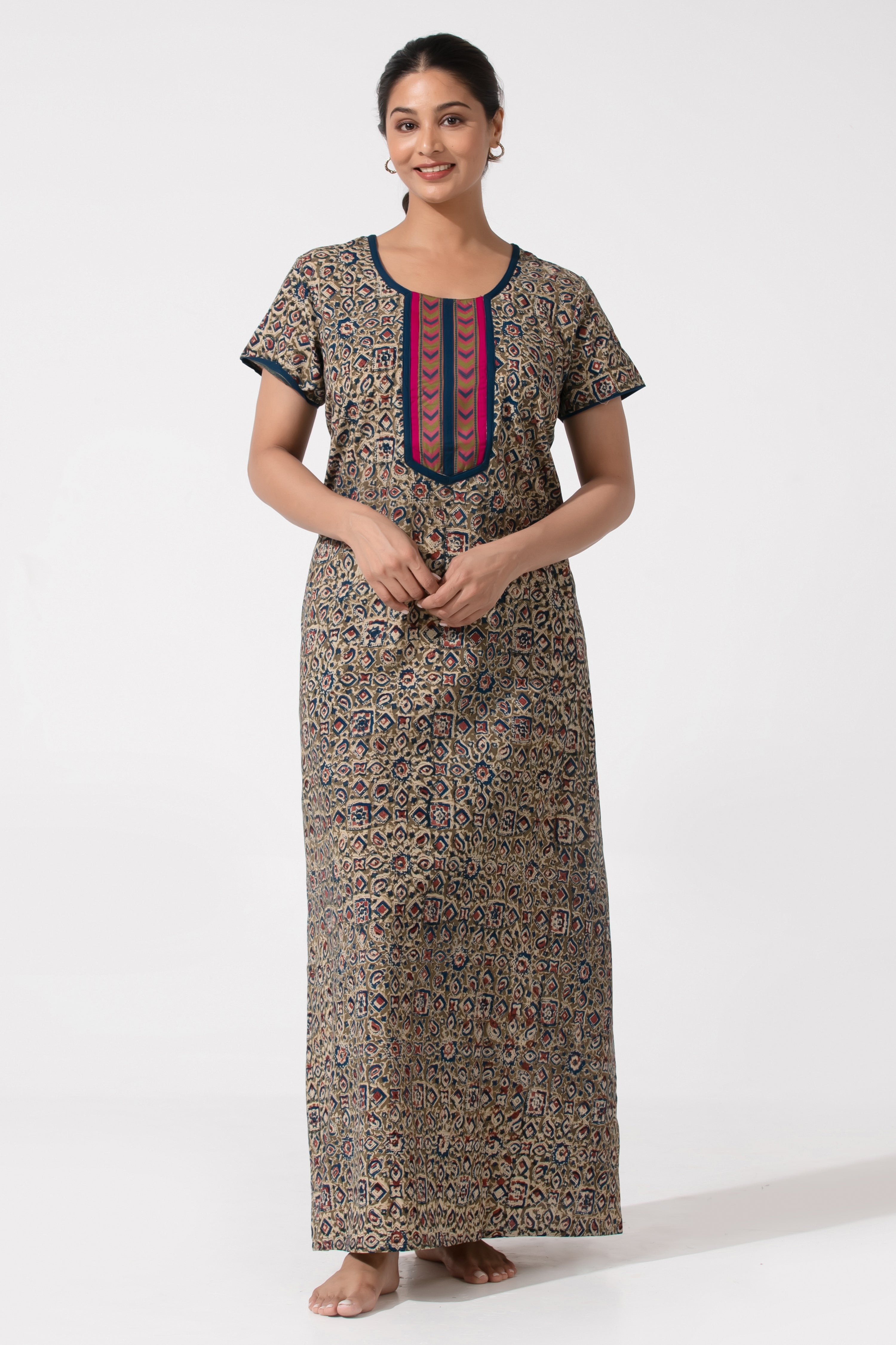 Blue & Olive Kalamkari Nighty with Geometric Design Yoke