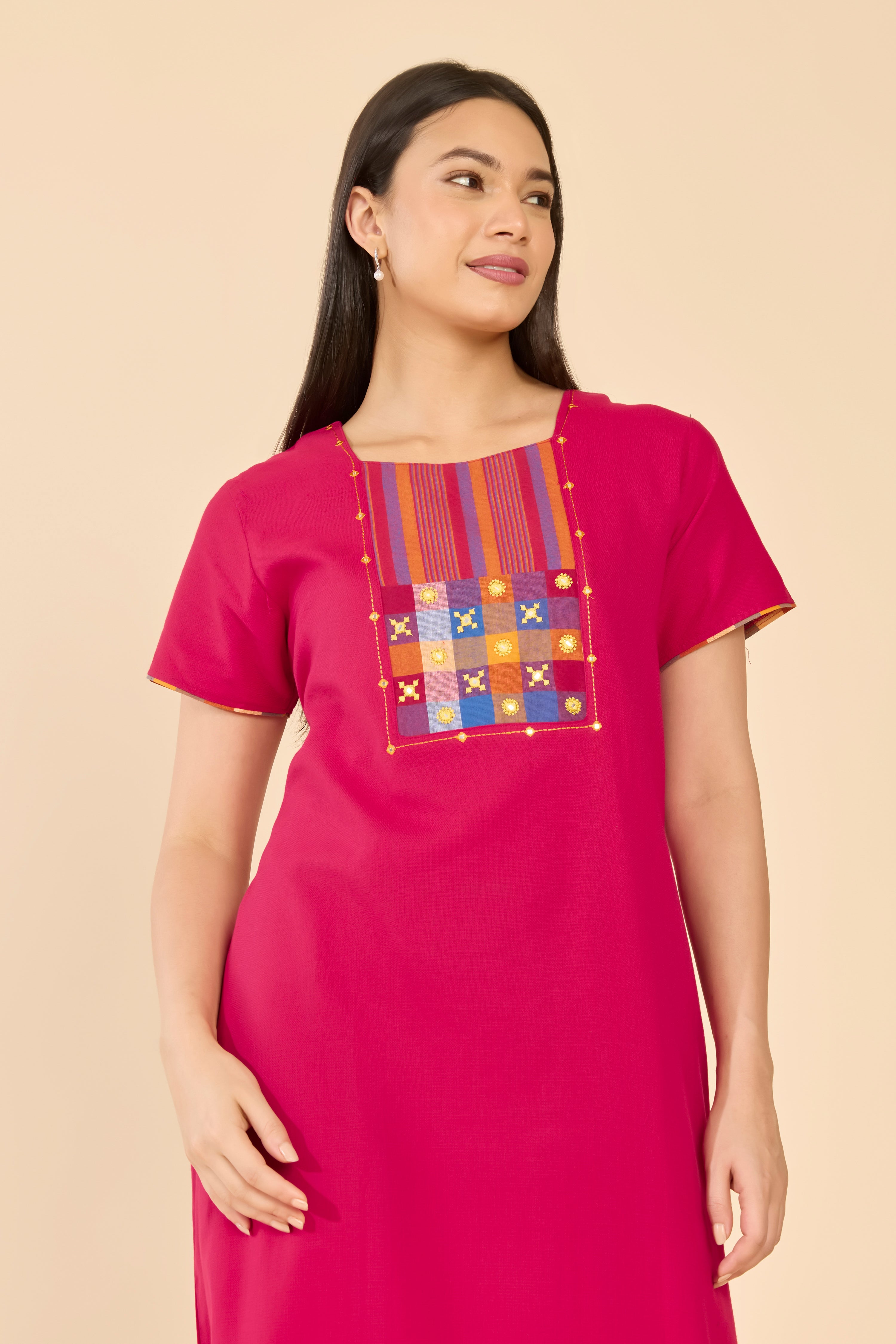 Red Cotton Nightwear with Paalum Pazhamum Checks Yoke