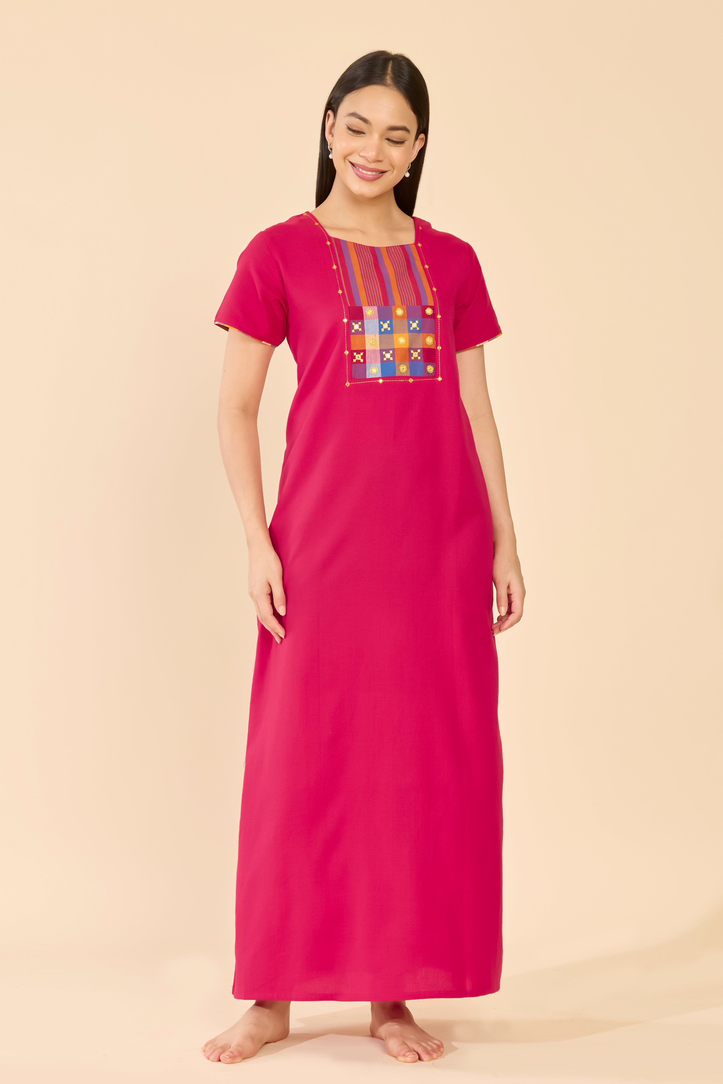 Red Cotton Nightwear with Paalum Pazhamum Checks Yoke