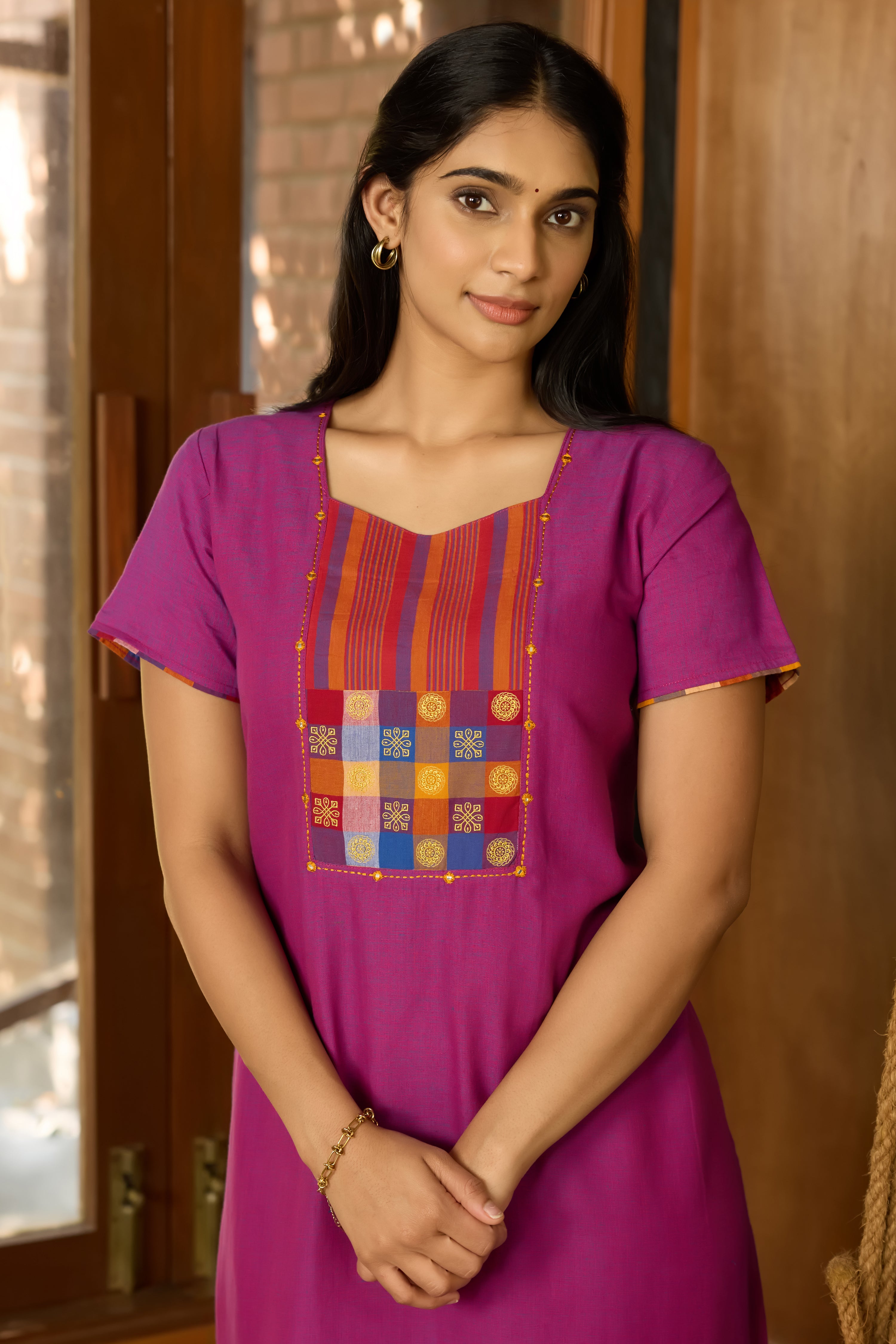 Purple Cotton Nightwear with Paalum Pazhamum Checks Yoke
