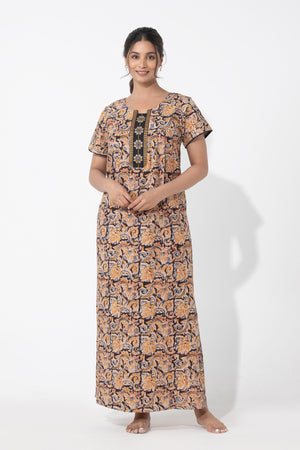 Kalamkari Printed & Embroiderd Black Nighty