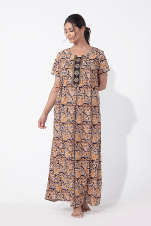 Kalamkari Printed & Embroiderd Black Nighty