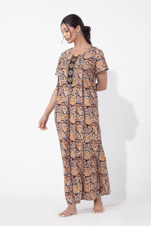 Kalamkari Printed & Embroiderd Black Nighty