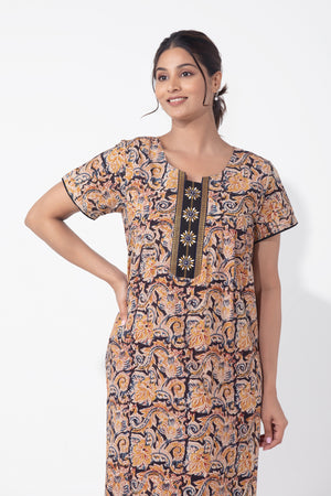 Kalamkari Printed & Embroiderd Black Nighty
