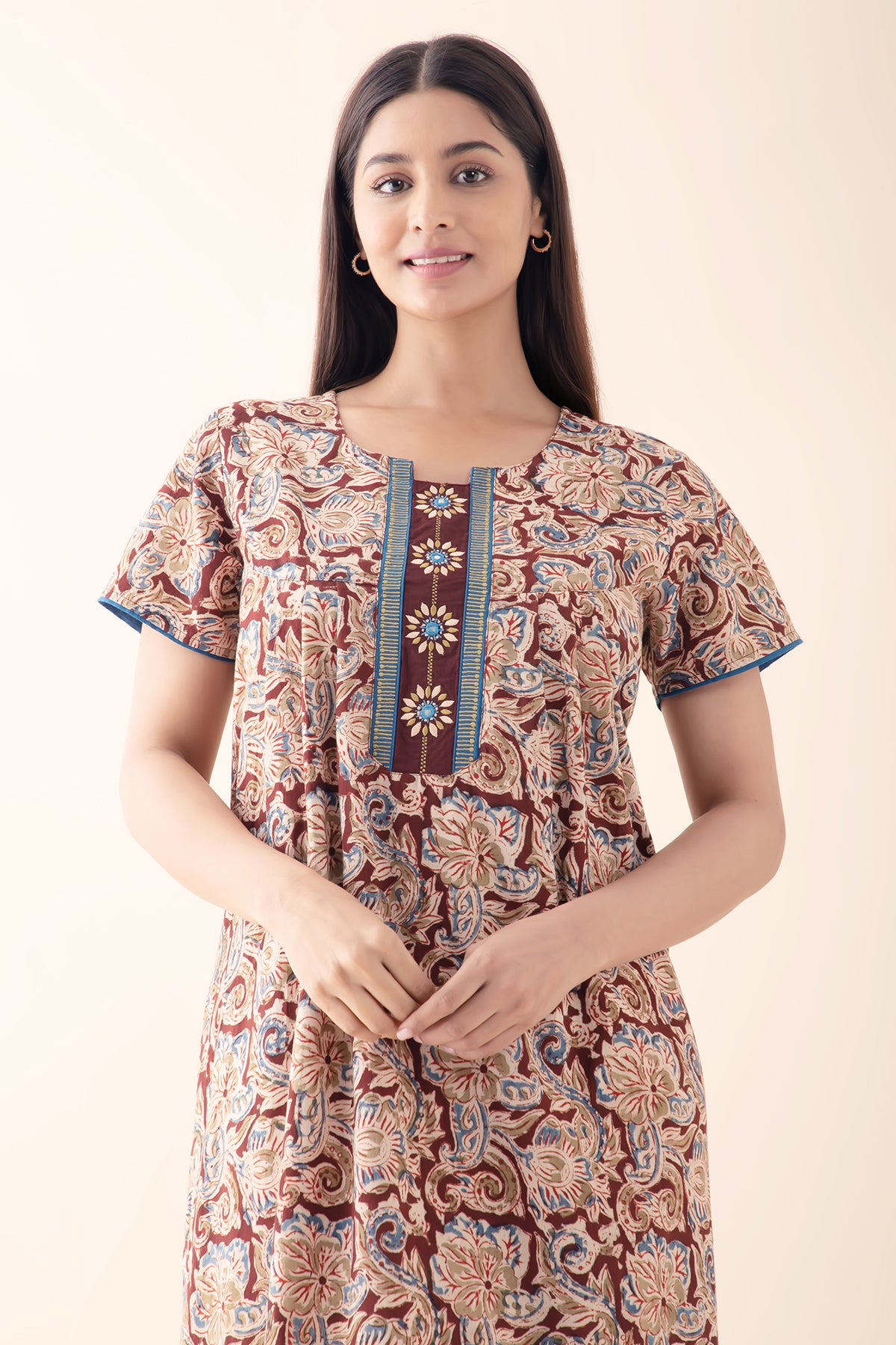 Kalamkari Printed & Embroiderd Brown Nighty