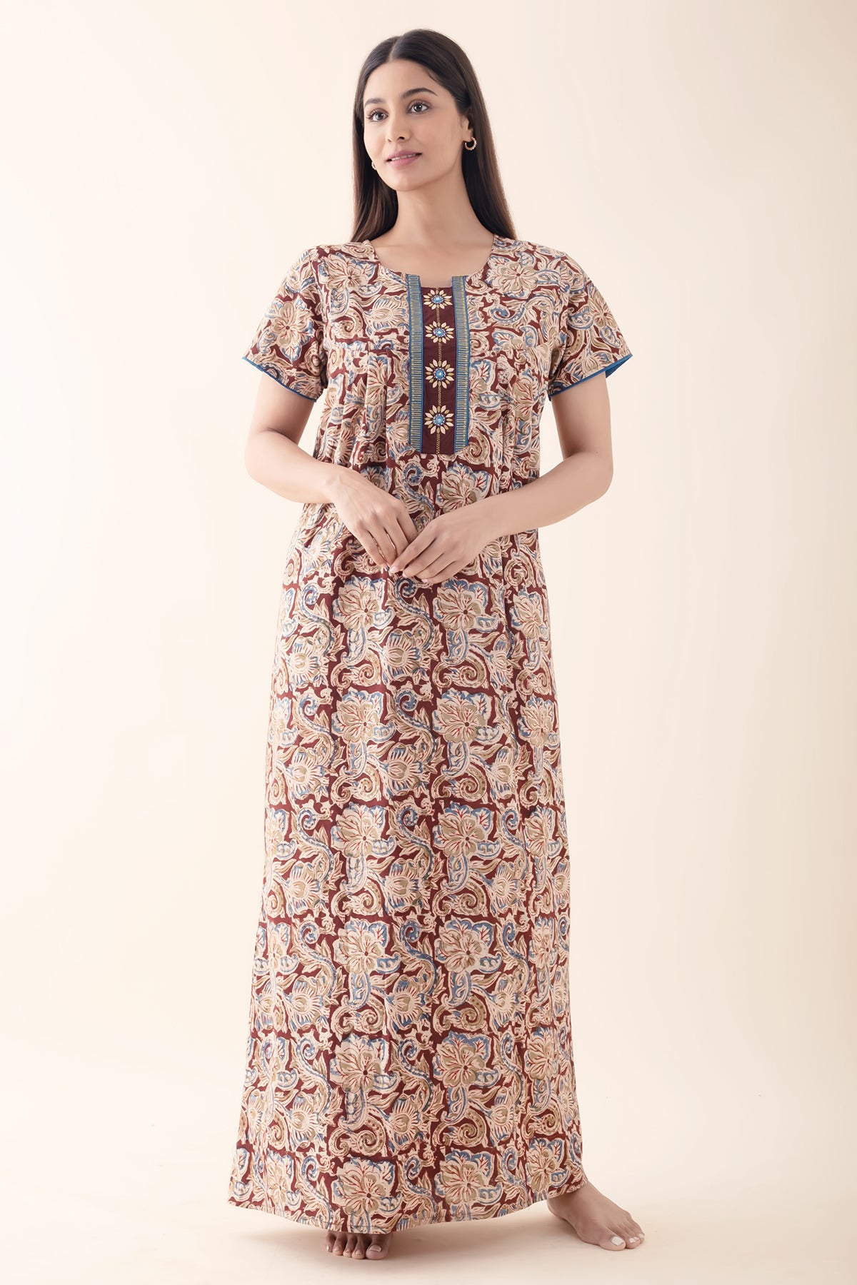 Kalamkari Printed & Embroiderd Brown Nighty