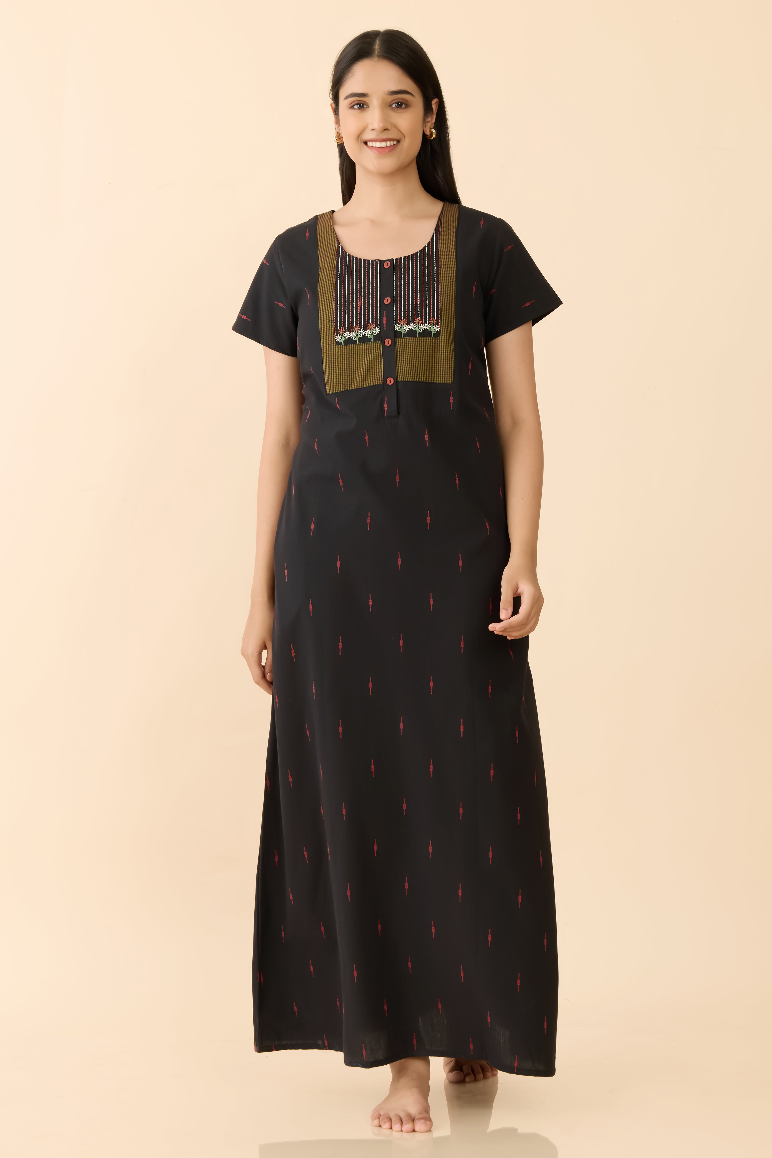 Black Solid Ikat Cotton Nightwear with Embroidered Yoke