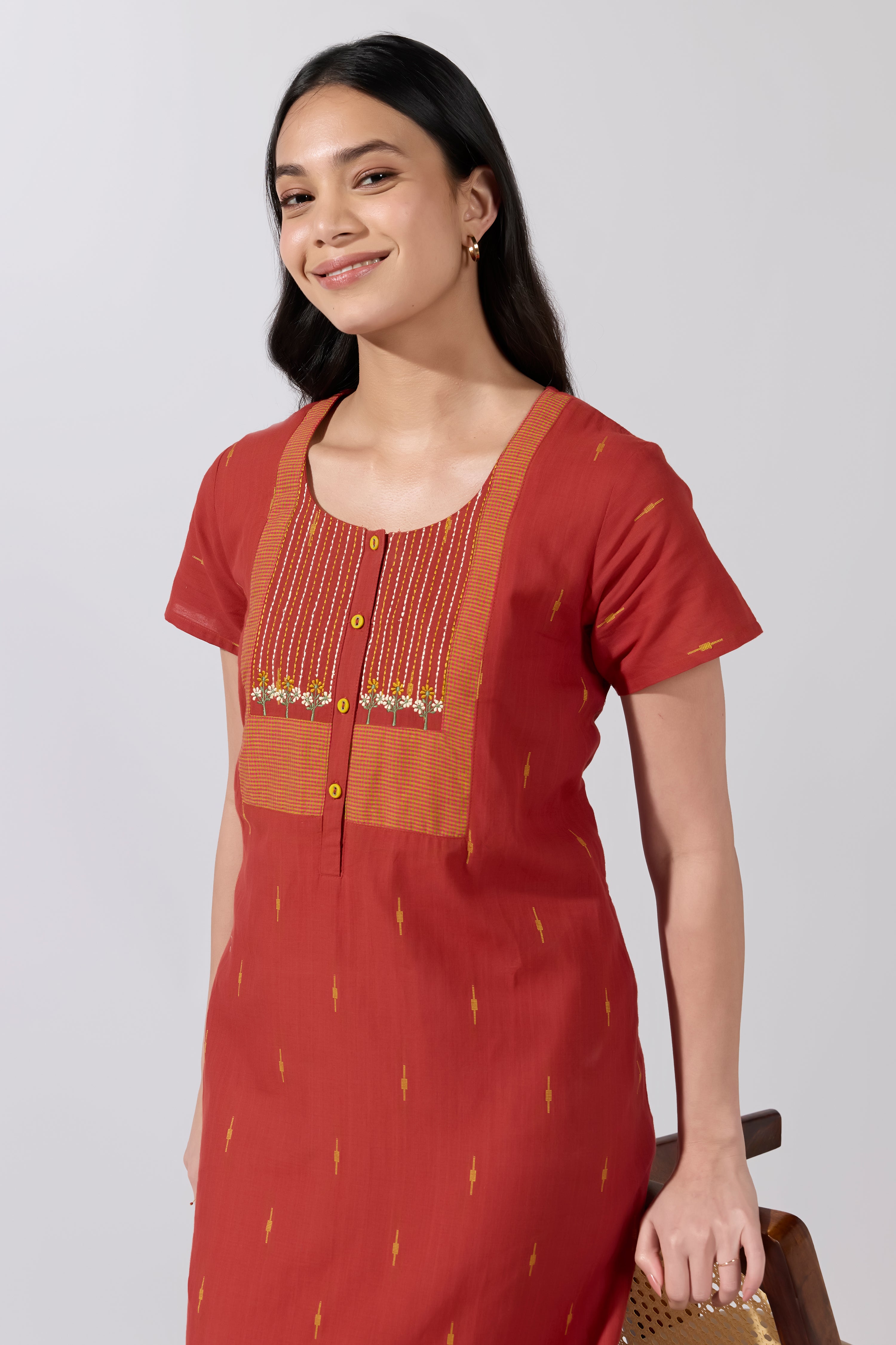 Rust Solid Ikat Cotton Nightwear with Embroidered Yoke