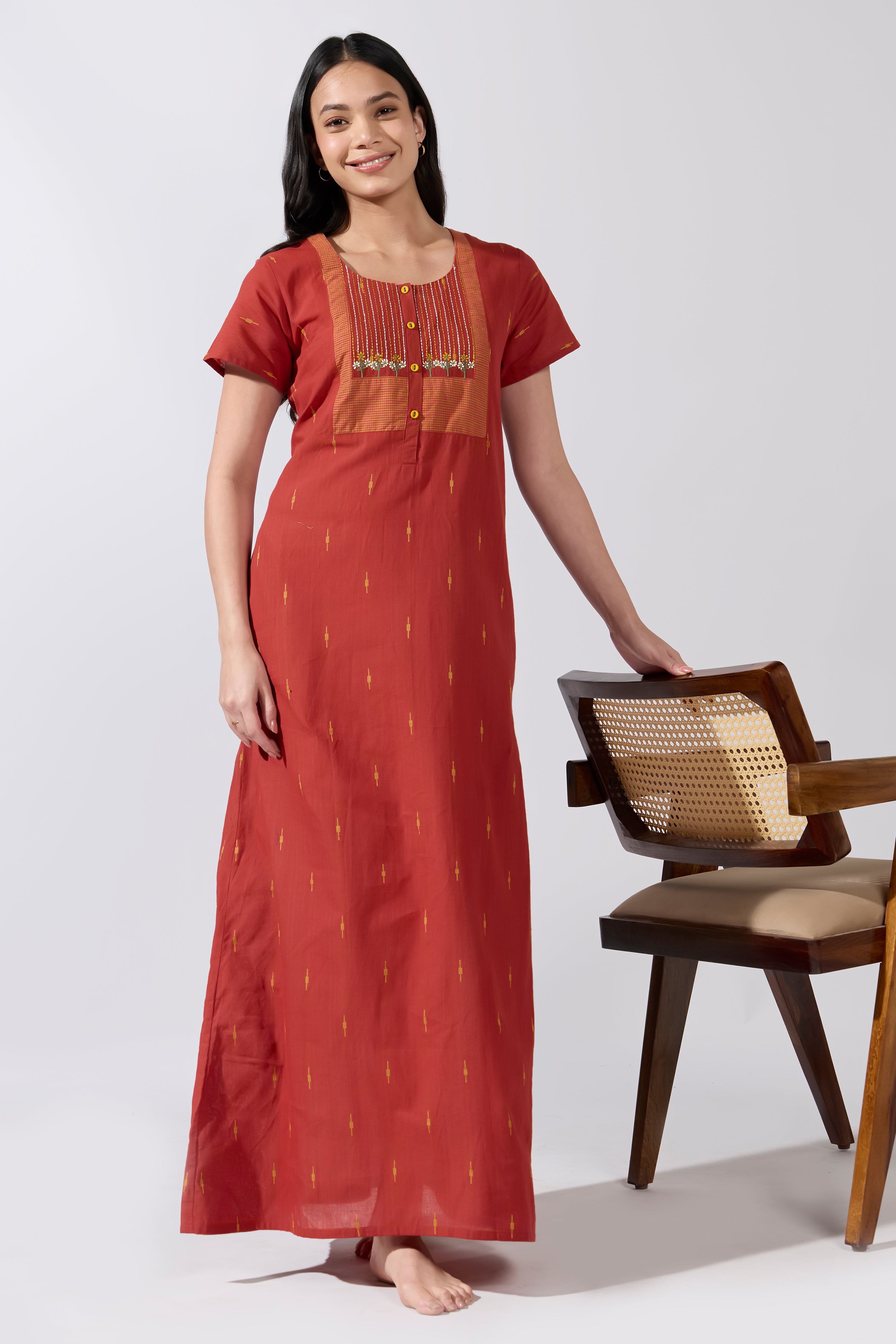 Rust Solid Ikat Cotton Nightwear with Embroidered Yoke