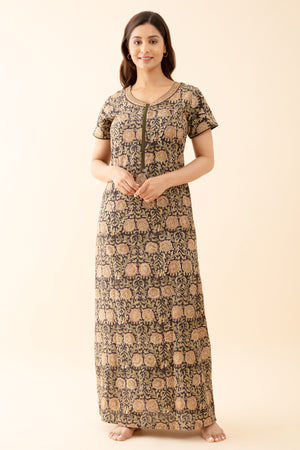 Kalamkari Printed Nighty with Embroidered Neckline Green