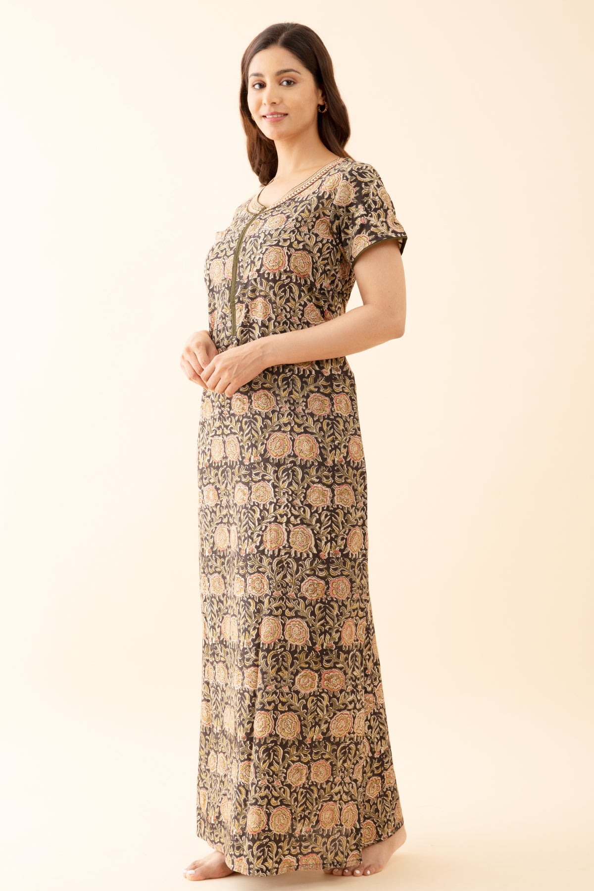 Kalamkari Printed Nighty with Embroidered Neckline Green