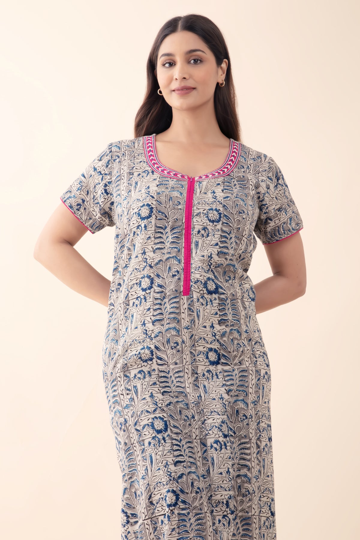 Kalamkari Ppinted Cotton Nighty with Front Open Zipper