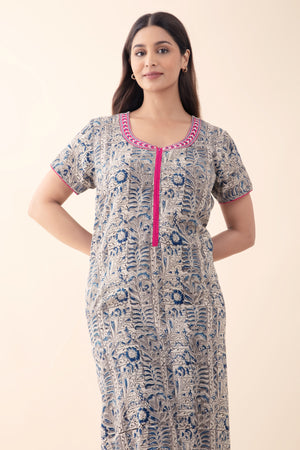 Kalamkari Ppinted Cotton Nighty with Front Open Zipper