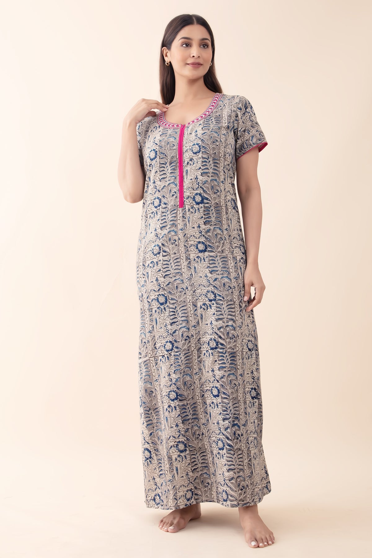 Kalamkari Ppinted Cotton Nighty with Front Open Zipper