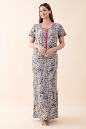 Kalamkari Ppinted Cotton Nighty with Front Open Zipper