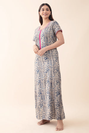 Kalamkari Ppinted Cotton Nighty with Front Open Zipper
