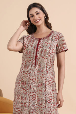 Kalamkari Printed Maroon Cotton Nighty with Front Open Zipper