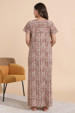 Kalamkari Printed Maroon Cotton Nighty with Front Open Zipper
