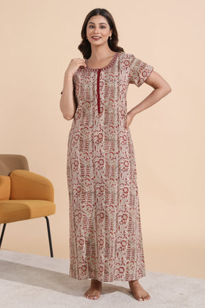 Kalamkari Printed Maroon Cotton Nighty with Front Open Zipper