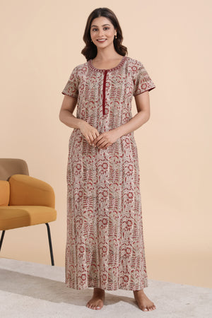 Kalamkari Printed Maroon Cotton Nighty with Front Open Zipper
