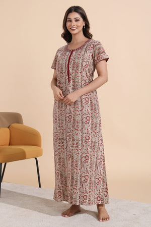Kalamkari Printed Maroon Cotton Nighty with Front Open Zipper
