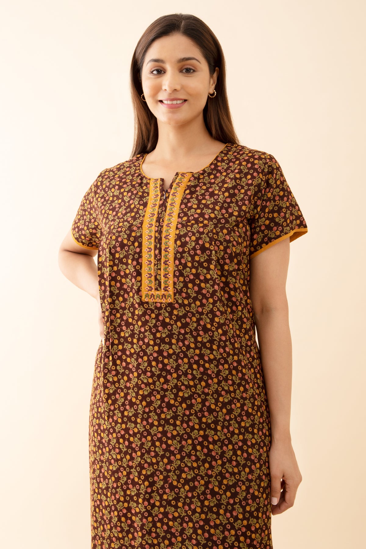Tulip Floral Printed with Contrast Embroidered Yoke Brown