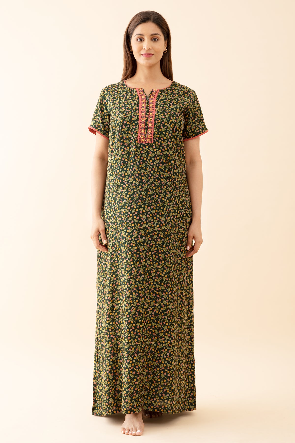 Tulip Floral Printed with Contrast Embroidered Yoke Green