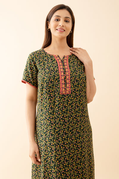 Tulip Floral Printed with Contrast Embroidered Yoke Green
