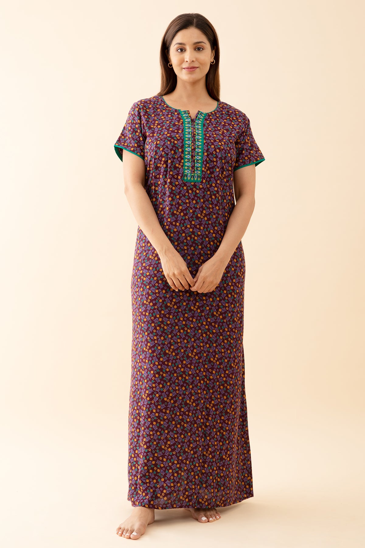 Tulip Floral Printed with Contrast Embroidered Yoke Purple