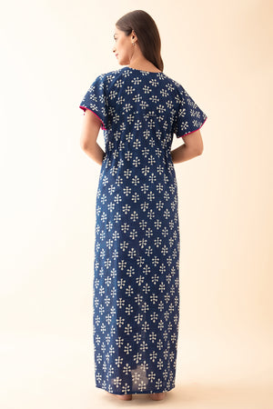 Indigo Printed Nighty with Waist Tie-up - Blue