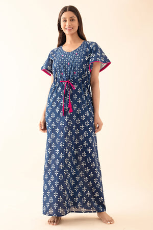 Indigo Printed Nighty with Waist Tie-up - Blue