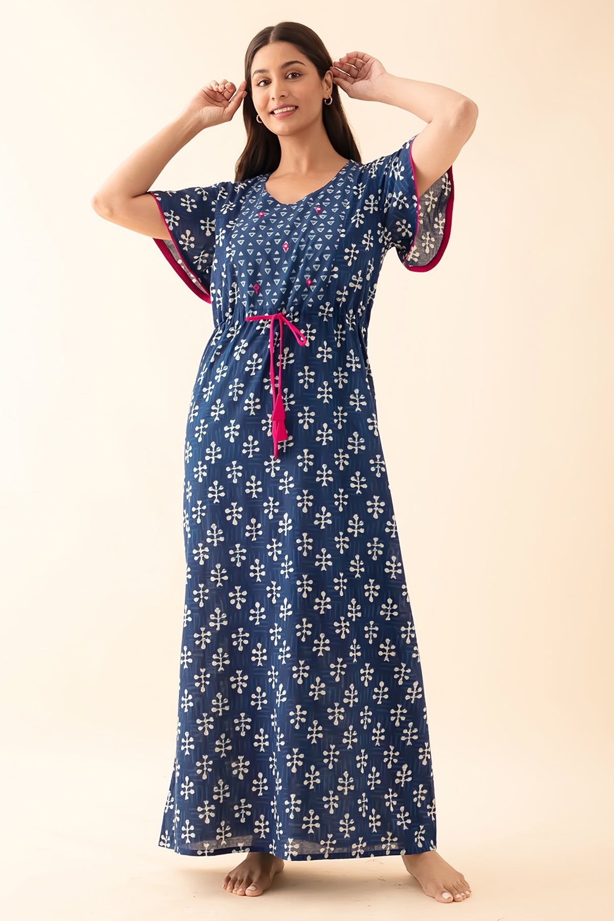Indigo Printed Nighty with Waist Tie-up - Blue