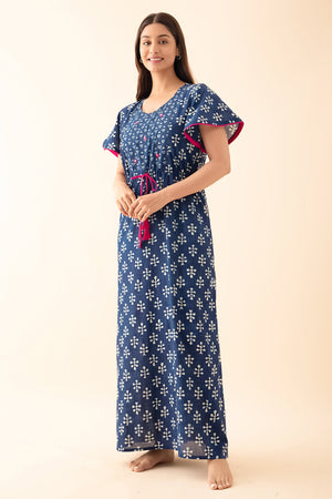 Indigo Printed Nighty with Waist Tie-up - Blue
