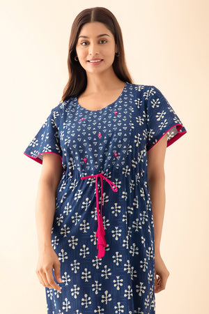 Indigo Printed Nighty with Waist Tie-up - Blue